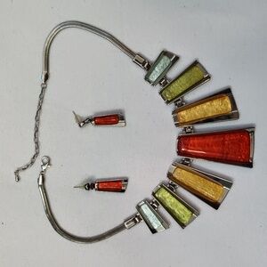 Multi Color Necklace earring set On silver tone Gradual drops Vibrant Jewelry